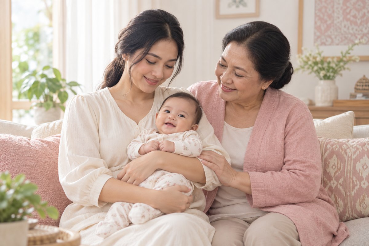 Ilustrasi ibu, bayi, dan nenek bersama di rumah